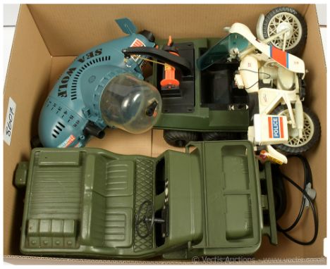 Palitoy vintage Action Man loose vehicles x four includes Sea Wolf, Power Hog, Jeep and Police Motorcycle, all generally Good