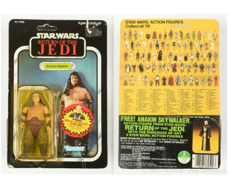 Kenner Star Wars vintage Return of the Jedi Rancor Keeper 3 3/4" figure, Mint, within Good (yellowed) bubble, upon Fair (crea