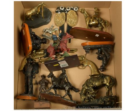 quantity of loose Western/Cowboy x related figurines, statues and ornaments x fifteen, including metal, brass, resin and cera
