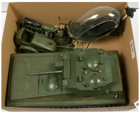 Palitoy vintage Action Man loose vehicles x three includes Scorpion Tank, Helicopter and motorcycle with sidecar, all general