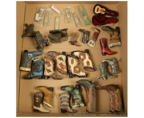 cowboy related collectables x thirty, includes cowboy boot ornaments, mostly ceramic with 2 being metal, ceramic saddle ornam