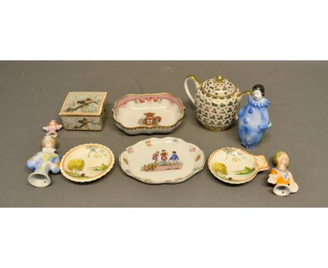 Two Copeland Spode Small Dishes, together with various other ceramics to include three half doll pin cushion tops and a tooth