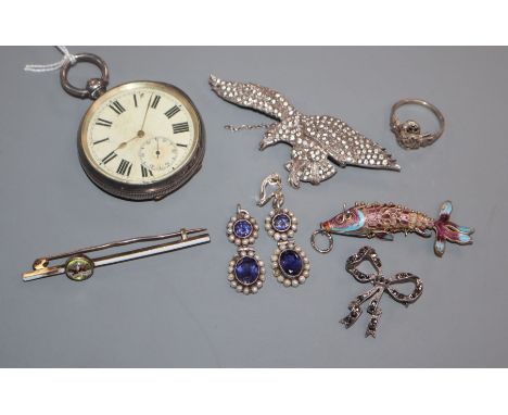 A silver pocket watch, an enamel fish ring, two brooches, a pair of earrings and an Essex crystal brooch