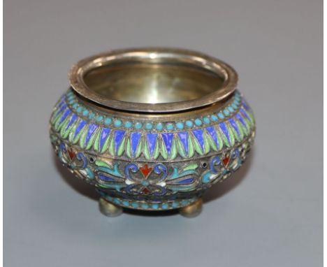 A late 19th century Russian 88 zolotnik and cloisonne enamel salt, assay master, B.C, 1887?, diameter 54mm,