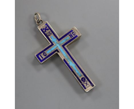 An early 20th century Russian 84 zolotnik and enamel reliquary cross pendant, 46mm.