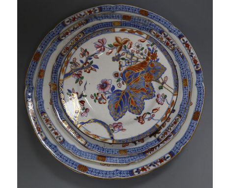 Five Spode stone china floral plates and a tobacco leaf plate, c.1820