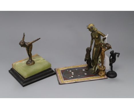 A Bergmann style cold painted bronze group, an Art Deco bronze figure bathing belle and two bronze nude figures tallest 17cm