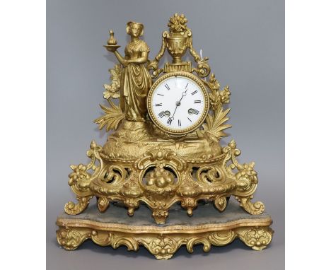 A French Spelter mantel clock and stand height 35cm