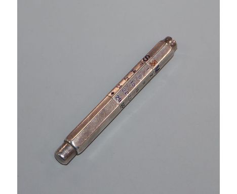 An early 20th century Sampson Mordan sterling and enamel calendar pencil mechanism a.f., 7cm.