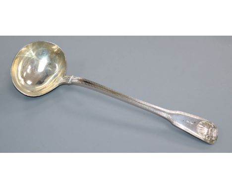 An early Victorian silver fiddle, thread and shell pattern soup ladle by Elizabeth Eaton, London, 1846, 9 oz.
