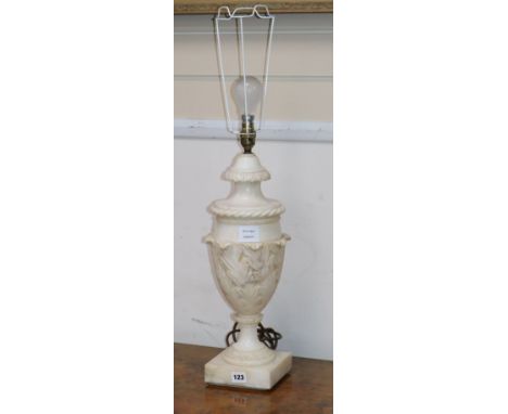 A carved white marble table lamp height excl. fittings 47cm