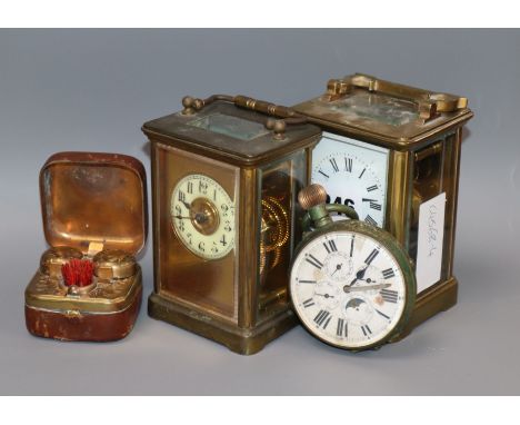 Two carriage timepieces, pocket watch and a travelling inkwell