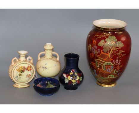 Two Royal Worcester blush ivory vases, a Carlton ware vase and two Moorcroft tallest 20cm