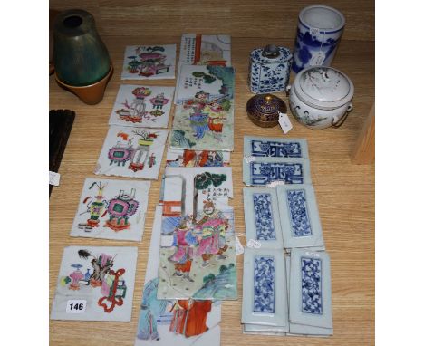 A quantity of Chinese porcelain tiles, a pot pourri, a brush pot, a flask etc.