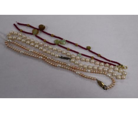 Three assorted modern necklaces including cultured pearl.