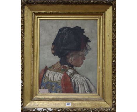 S.A. Butten, Munchen, oil on canvas, Portrait of a girl in traditional dress, signed, 48 x 38cm