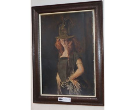 Manner of William Orpen, oil on board, Portrait of a young Irish woman, possibly an overpainted print, 48 x 33cm