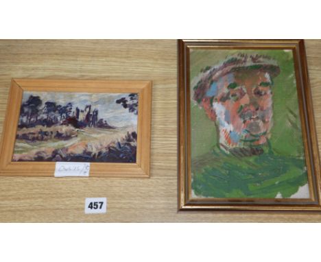 Ronald Ossory Dunlop (1894-1973), two oils on board, 'Old Gerry A Promising Golfer', label verso, 24 x 17cm and Trees on a hi