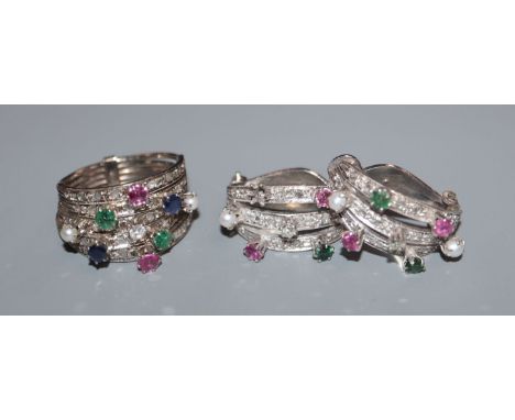 A 750 white metal, ruby, sapphire, emerald, cultured pearl and diamond set multi-shank dress ring and a pair of matching ear 