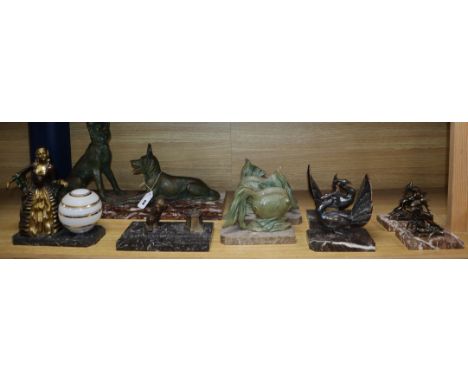 Art Deco patinated spelter figures comprising three pairs of bookends, one inkwell and lamp and a German shepherd group talle
