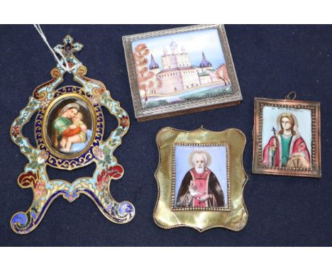 Three 19th century Continental porcelain icons, one with champleve enamel frame and a modern Russian enamel plaque tallest 15