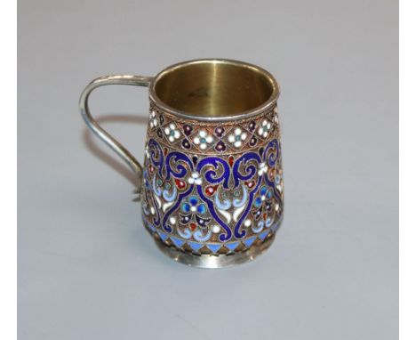 A late 19th century Russian 84 zolotnik gilt and cloisonne enamel small mug, assay master, RC?, 1888 with Swedish import mark