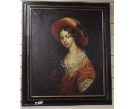 19th century English School, oil on canvas, Portrait of a young lady wearing a ribbon tied hat, 75 x 62cm