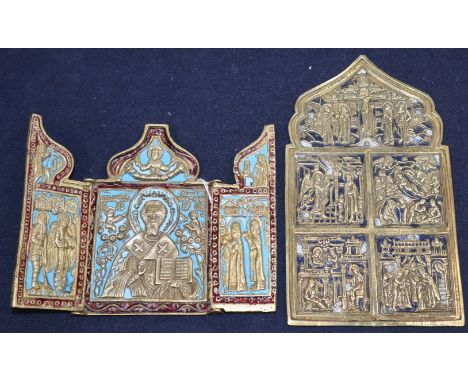 A 19th century Russian brass and enamel triptych icon and a similar arched icon (2)