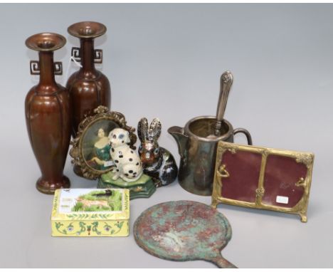 A pair of Oriental bronze vases and other metalware