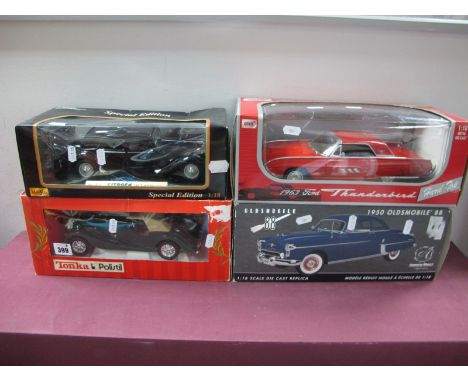 Four Boxed 1:18th Scale Diecast Cars, Anson 30344 Ford Thunderbird, American Muscle Authentic's 1950 Oldsmobile 88, Tonka Mor