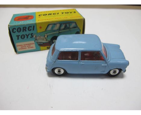 Corgi Toys No 226 Morris Mini Minor in Light Blue, overall very good except for bonnet/lamp chip, boxed.