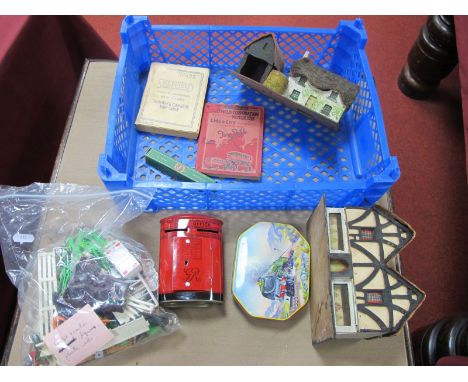 Two Pre War Wooden Buildings, probably Hugar, a tinplate post box, Britains plastic garden among other things.
