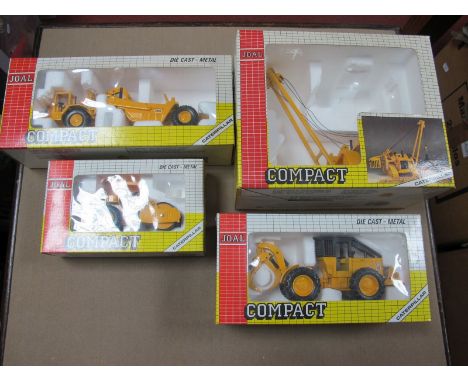 Four Compact by Joal Construction Vehicles, including Roller, Grapple Skidder, pipe layer and wheel tractor scraper, (all box