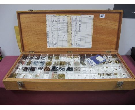 A c.1970's Retail Store Wooden Cabinet, with contents for fine scale model boat buildings, possibly Melsey Morning Models, in