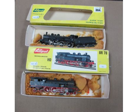 Two Liliput 'HO' Gauge Boxed Steam Locomotives, Ref No 108, 4-6-0 R/No 638-1677 plus eight wheel bogie tender, Ref No 078 4-6