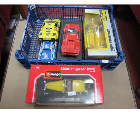 Five Burago Model road and Race Cars, including Bugatti Type 55 (boxed), Lotus Honda Turbo F1 car (boxed), two further Lambor