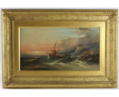 Nineteenth-century British School, stormy seascape with fishing boat, oil on canvas, signed indistinctly lower left, 30 x 56c