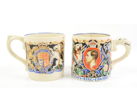 Two Dame Laura Knight Coronation mugs for King George VI and Queen Elizabeth by Burleigh Ware and Myott & Sons, Large clear g