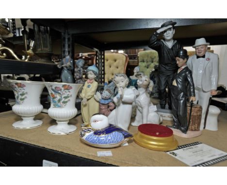 Nadal figure of Buster Keaton,   four Lladro figures, Lladro mantel clock, Royal Doulton figure of a lady, pair of Wedgwood c