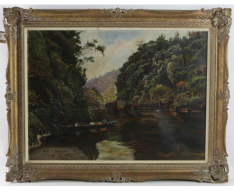 Twentieth-century British School, riverscape with figures in boat to foreground, oil on canvas, signed 'R. M.' and dated 1912