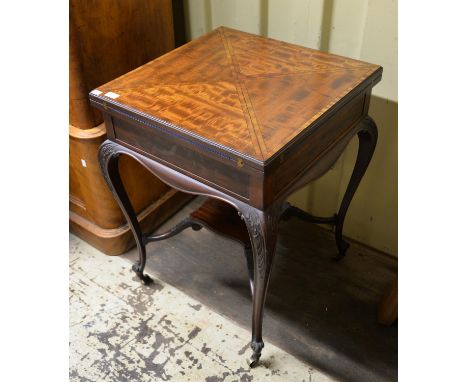 Edward mahogany envelope card table, baized lining, single drawer, leaf capped cabriole legs, on casters, 76cm high x 56cm sq