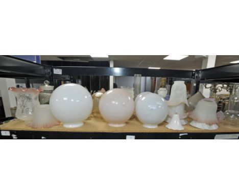 Collection of opaline and frosted glass lampshades and oil lamp chimneys, and a glass lamp (Qty)