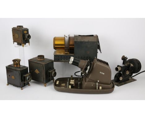 Magic Lantern Projectors, parts, lenses and accessories. To include an Aldis Projector, smaller magic lantern projectors. Par