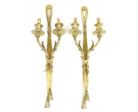 Pair of polished brass two light wall lights, with tied tassel back plates, 58 cm high