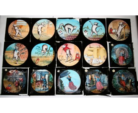 Collection of partial sets of magic lantern slides, approximately 76 slides. Including Cartoons, Little Red Riding Hood, Gold