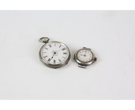 Victorian silver fob watch London 1863 with floral enamel face and a silver wrist watch London 1913