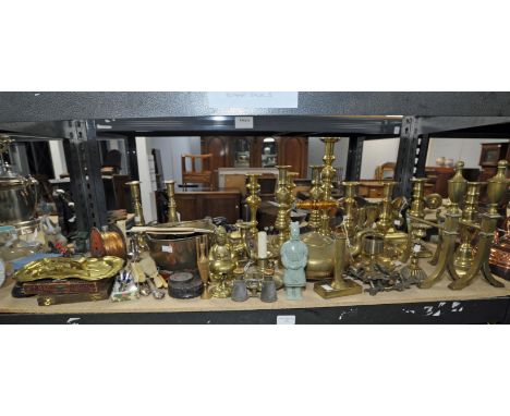 Quantity of brass ware to comprise five pairs Victorian candlesticks, pair of andirons, copper kettle, copper preserving pan,