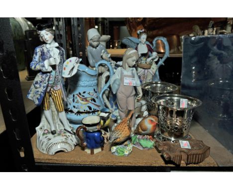 Collection of porcelain items, Lladro figures of a goose girl and a girl with rabbits, a pair of Chelsea style figures of an 