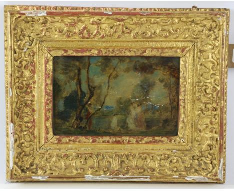 Arthur Kynaston (British, 1904-1966), landscape with trees and figures, oil on board, unsigned, label to the reverse, 11 x 18