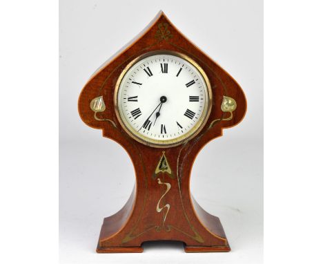 Early 20th century mantel clock, decorated in the Art Nouveau taste with mother of pearl plaques, Roman numeral chapter ring 